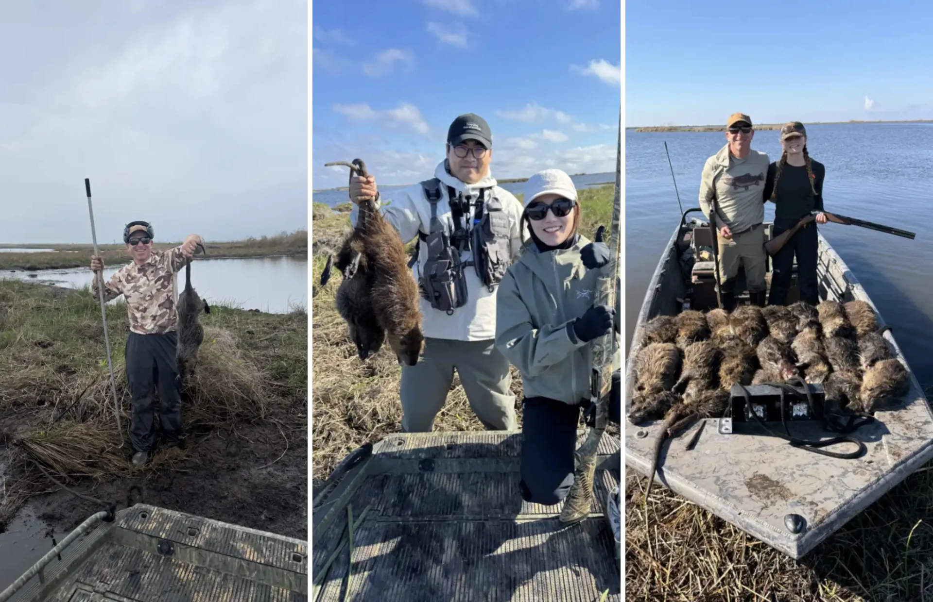 Collage of successful guided Louisiana nutria hunts featuring hunters posing with harvested nutria in marsh wetlands and on airboats