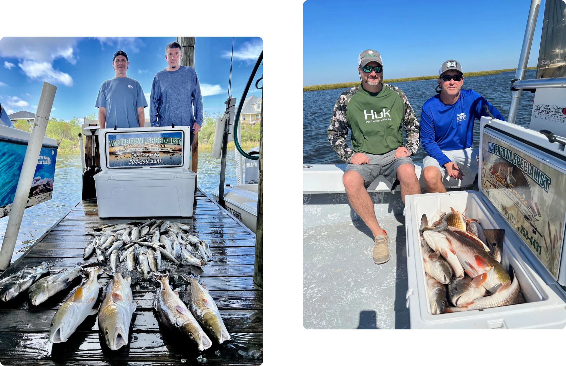 Charter fishing clients showing their fresh catch aboard the boat during a guided trip