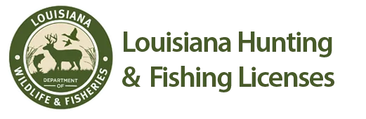 Louisiana Wildlife and Fisheries logo with text "Louisiana Hunting & Fishing Licenses," emphasizing outdoor activities related to duck hunting and fishing charters.